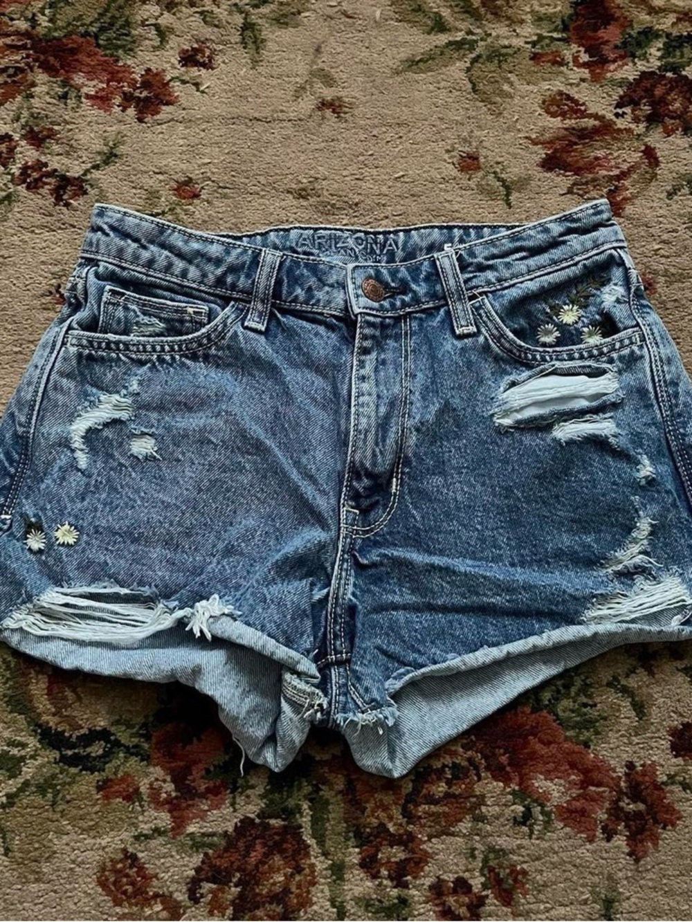 Arizona distressed floral embroidered jean shorts